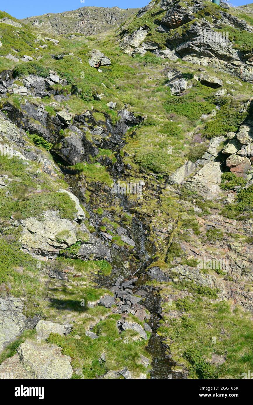 Tristaina-Gipfel neben dem Skigebiet Ordino Arcalís, Andorra Stockfoto