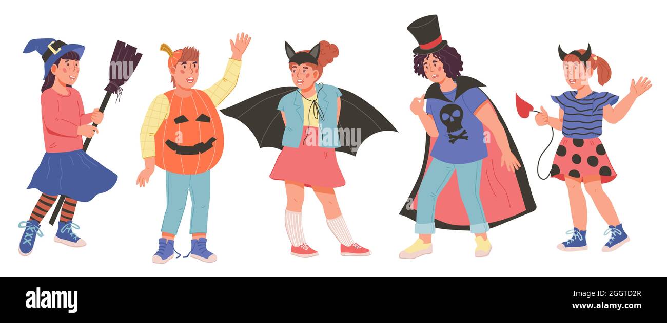Halloween Kinder im Halloween Party Kostüm, flache Vektor-Illustration isoliert auf weißem Hintergrund. Fröhliche Jungen und Mädchen feiern Feiertage. Stock Vektor