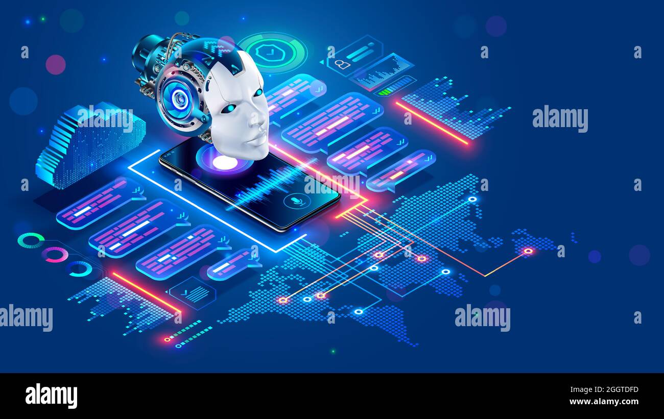 Chat bot mit AI Unterstützung von Benutzern, die in verschiedenen Sprachen sprechen. Online-Unterstützung für mehrere Sprachen. App des Sprachassistenten am Telefon. Roboter auf dem Bildschirm Stock Vektor