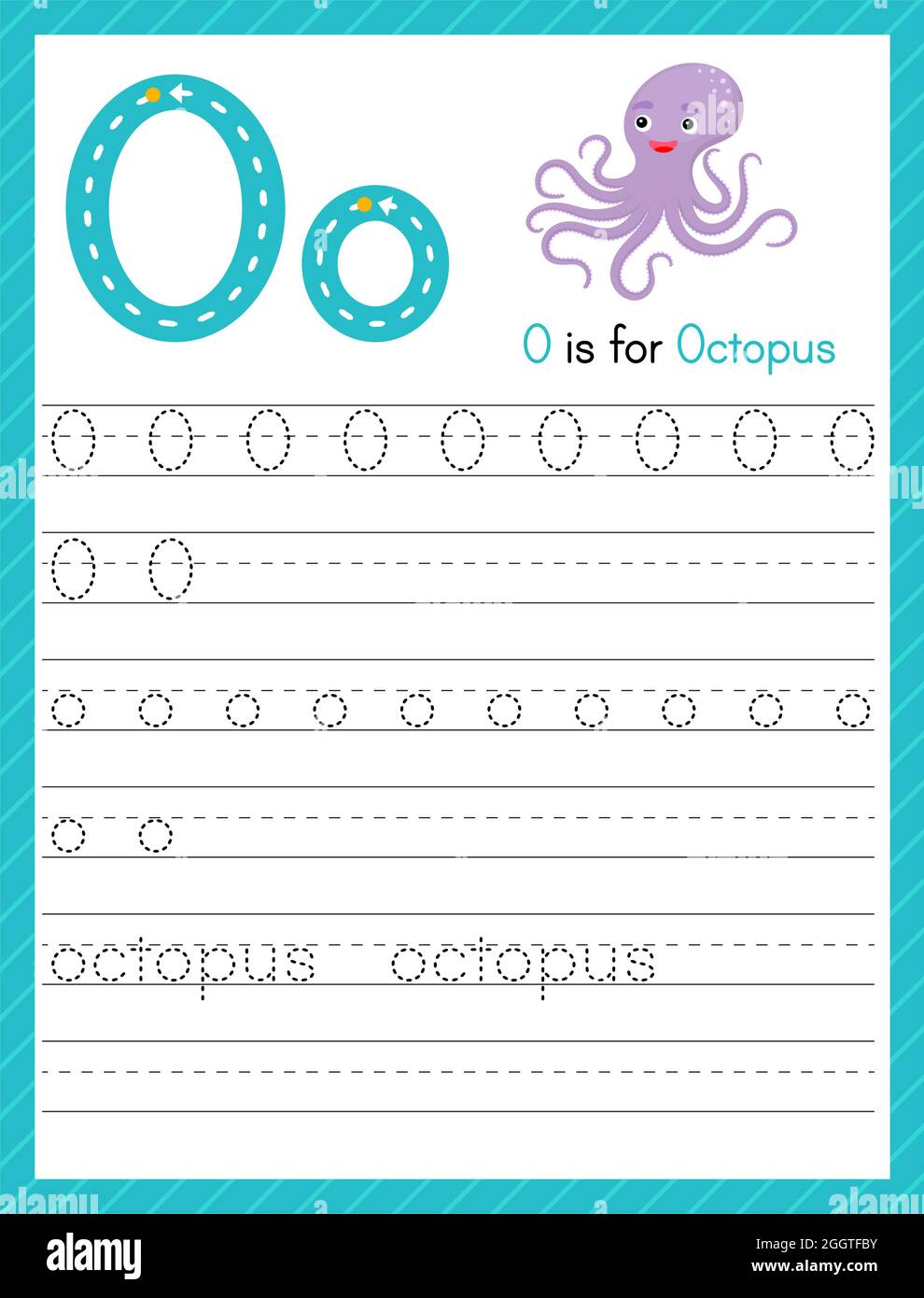 Trace Letter O Groß- und Kleinschreibung. Alphabet Tracing Praxis Vorschule Arbeitsblatt für Kinder Englisch lernen mit niedlichen Cartoon Tier. Aktivität pag Stock Vektor