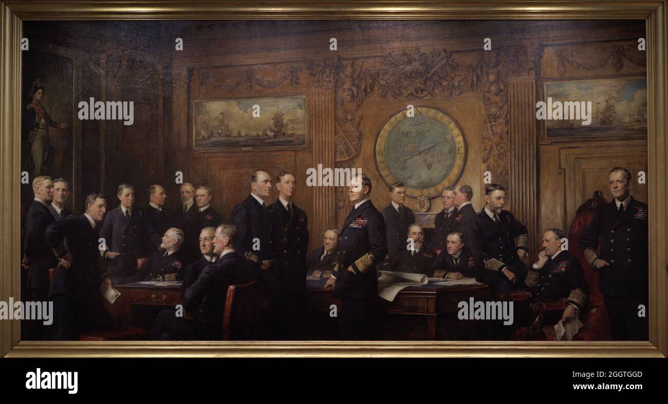 Marineoffiziere des Ersten Weltkriegs Gemälde von Arthur Stockdale Cope (1857-1940). Öl auf Leinwand (264,1 x 514,4 cm), 1921. National Portrait Gallery. London, England, Vereinigtes Königreich. Stockfoto