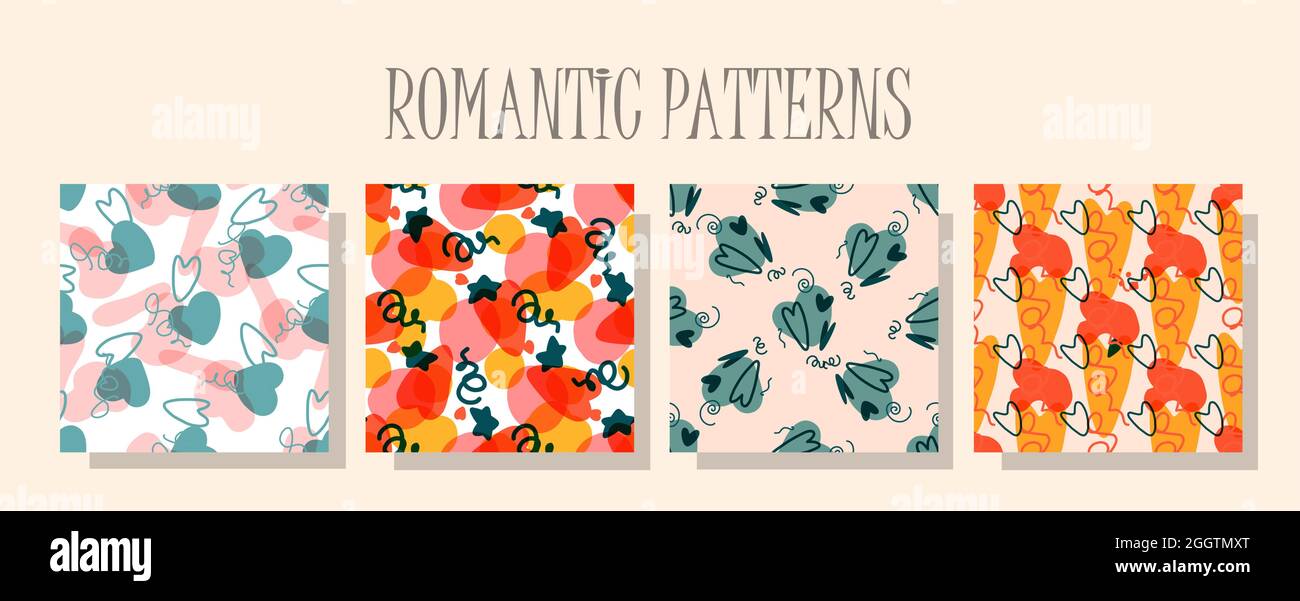 Romantisches Liebesmuster. Eine Reihe von Mustern im gleichen Stil. Digitalpapier zum Valentinstag. Kinder-Textildesign. Nahtloses Design. Herzmuster. Stock Vektor