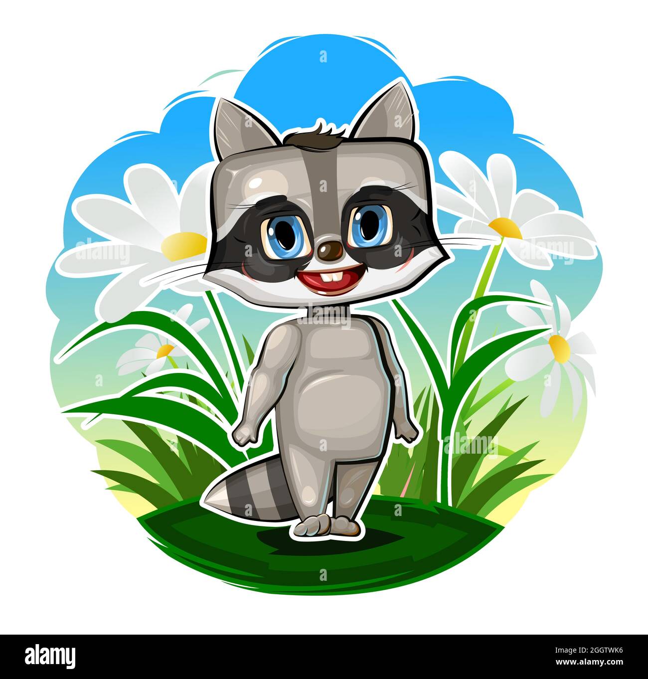 Niedliches Baby Raccoon auf einer Blumenwiese. Lustiges Tierkind. Illustration für Kinder. Sommerlandschaft. Isoliert auf weißem Hintergrund. Vektor. Stock Vektor