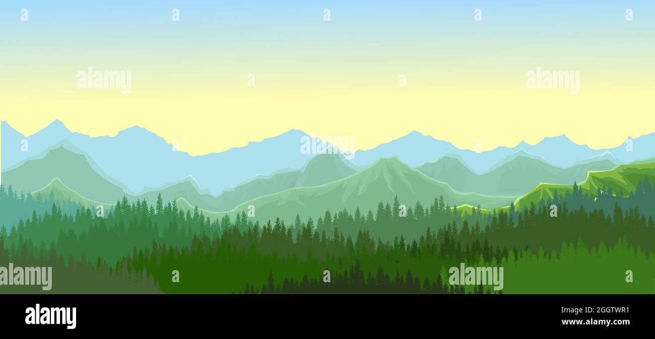 Kiefernwald. Silhouetten von Nadelbäumen. Morgen. Wilde Landschaft horizontal. Schöne Panoramasicht. Wunderschöner Illustrationsvektor. Stock Vektor