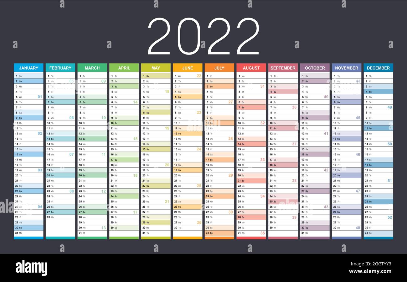 Jahr 2022 farbenfroher Wandkalender, mit Wochenzahlen, auf schwarzem Hintergrund. Vektorvorlage. Stock Vektor