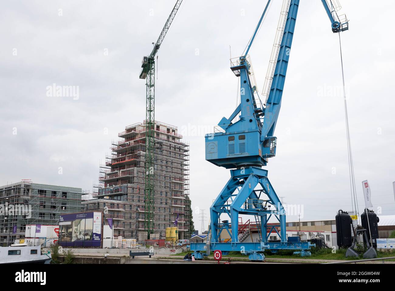 Neue Gebäude von Wohnungen an den alten Docks von Gent verlassen die Kraniche als Denkmäler der Vergangenheit Stockfoto