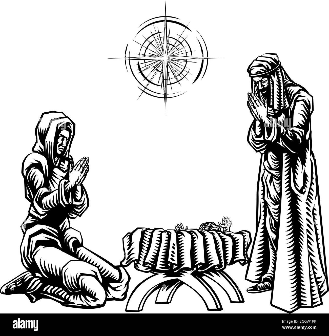 Weihnachtskrippe Vintage Holzschnitt Stil Stock Vektor