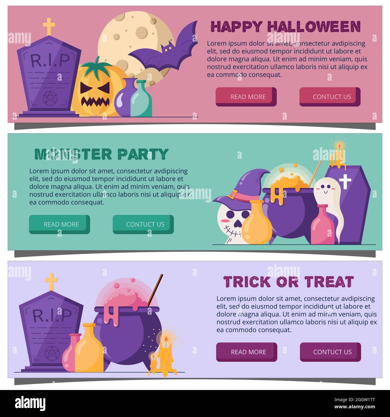 Halloween Web Horizontal Banner in einem flachen Stil. Vektorgrafik für Website-Header. Stock Vektor