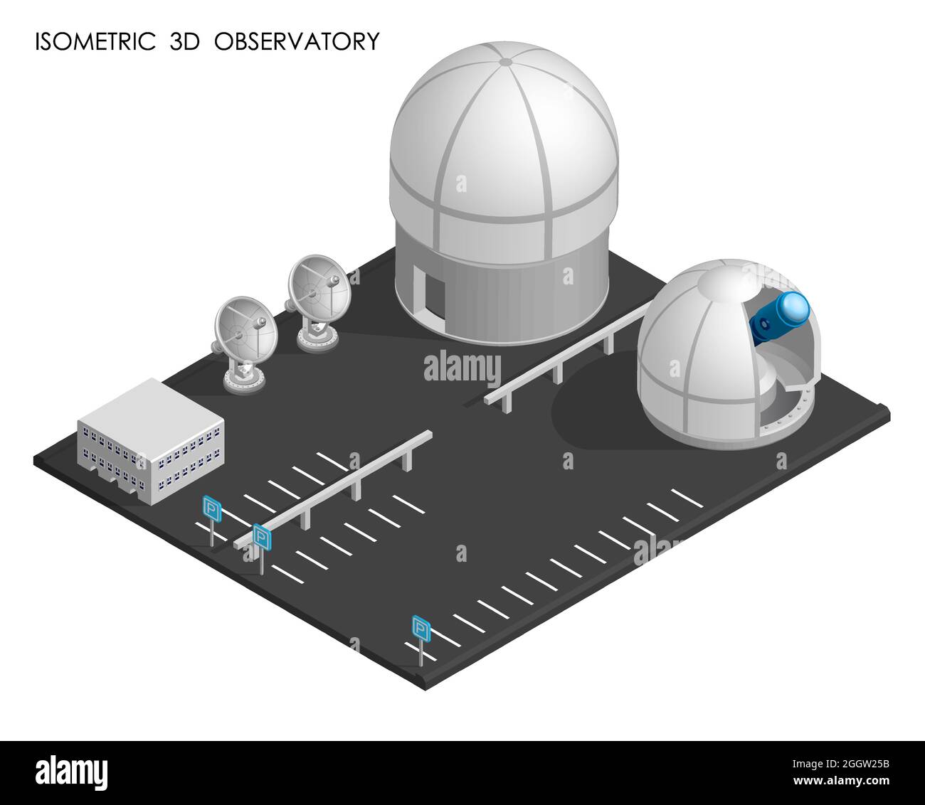 Isometric Observatory und Planetarium Gebäude. Station für die Beobachtung von Raum, Sternen und Planeten des Sonnensystems. Weltraumforschung. Realistischer 3D-Vektor Stock Vektor