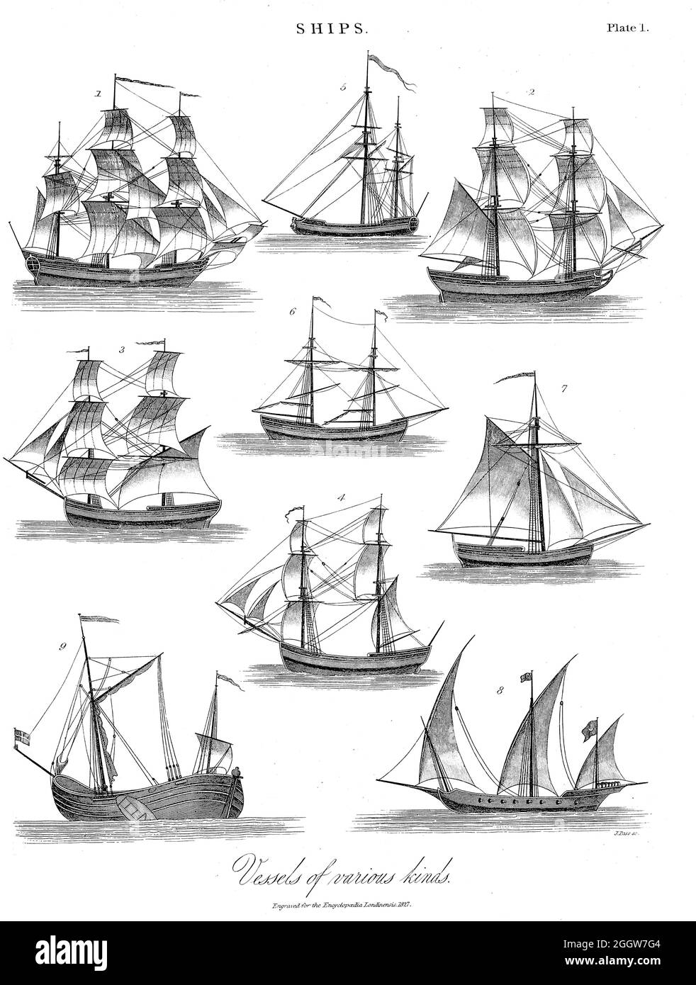 Schiffe Schiffe Schiffe verschiedener Art Kupferstich aus der Encyclopaedia Londinensis oder, Universal Wörterbuch der Künste, Wissenschaften und Literatur; Band XXIII; herausgegeben von Wilkes, John. Veröffentlicht 1828 in London Stockfoto