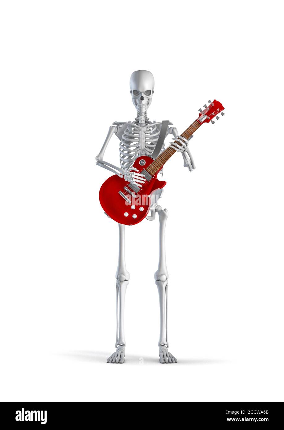 Skeleton-Gitarrist - 3D-Illustration von männlichen menschlichen Skelett Figur spielen rote E-Gitarre isoliert auf weißem Studio-Hintergrund Stockfoto