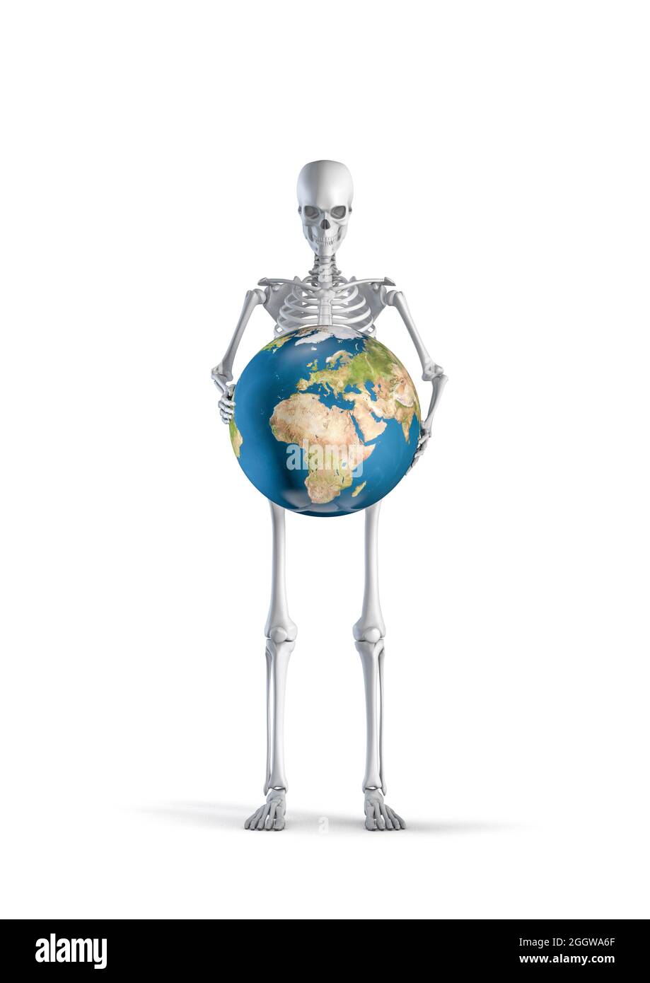 Skelett mit Erde - 3D-Illustration von männlichen menschlichen Skelett Figur hält Planeten Erde Globus isoliert auf weißem Studio-Hintergrund Stockfoto