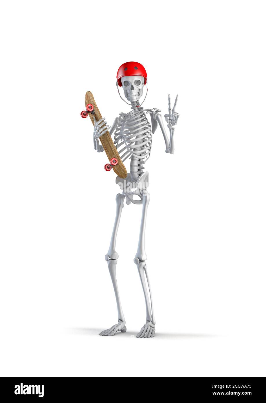 Skater Skelett - 3D-Illustration der männlichen menschlichen Skelett Figur trägt Skate-Helm und hält Skateboard und zeigt Sieg Handzeichen auf weiß Stockfoto
