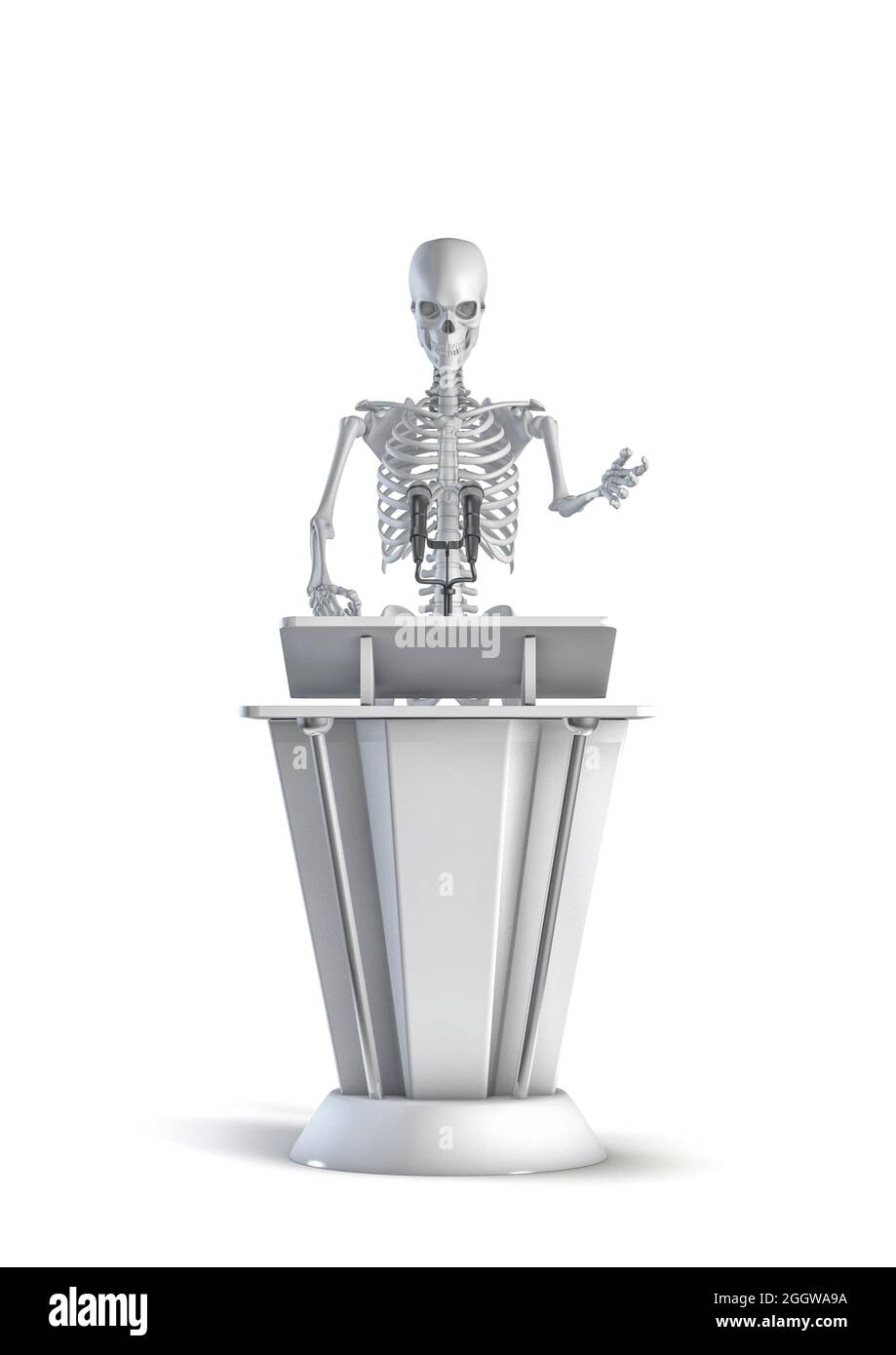 Skeleton Keynote Speaker - 3D-Illustration der männlichen menschlichen Skelett Figur hält Pressekonferenz von Podium isoliert auf weißem Studio-Hintergrund Stockfoto
