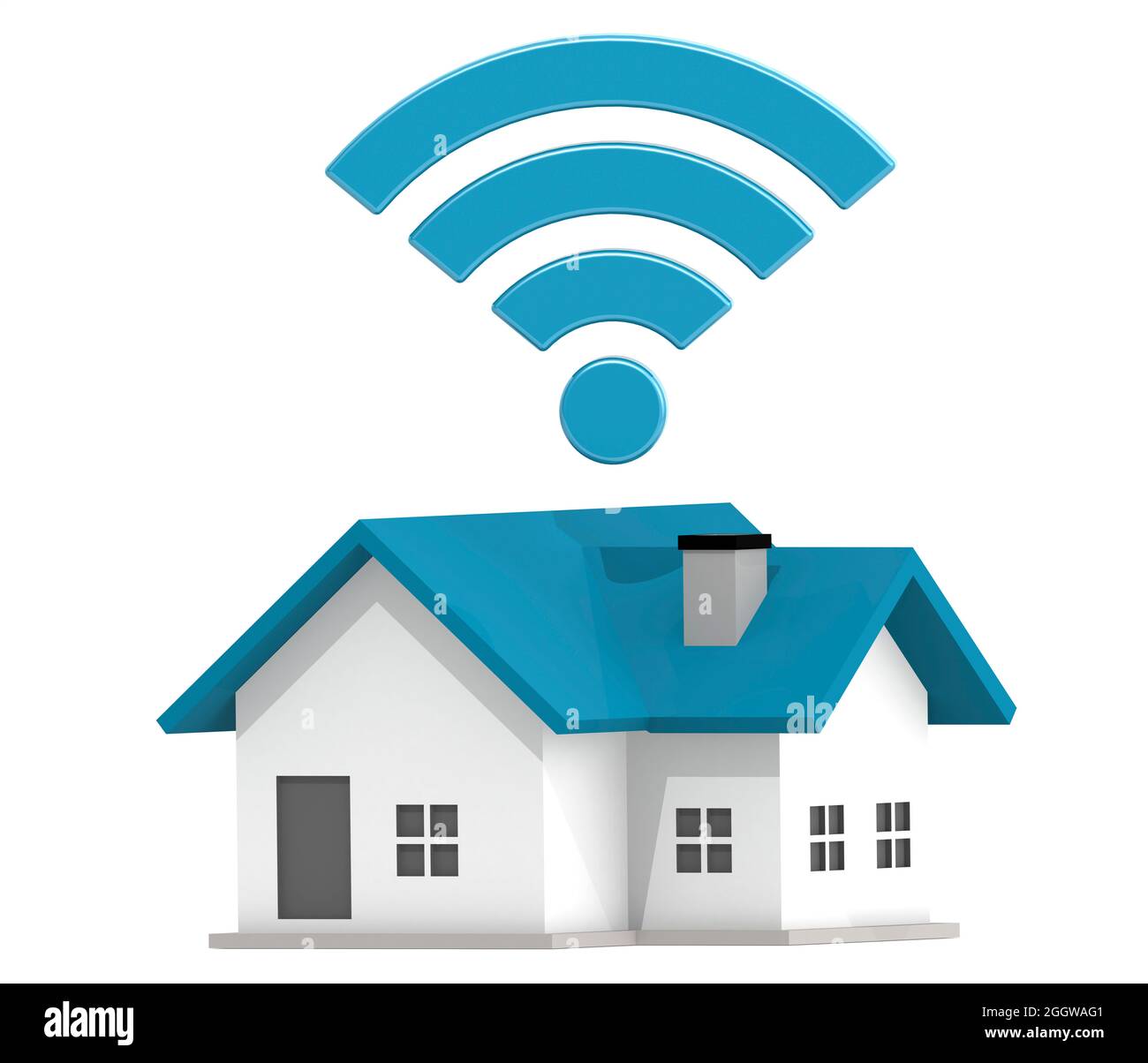 Haus mit WIFI-Signal isoliert mit weißem Hintergrund, 3D-Rendering Stockfoto