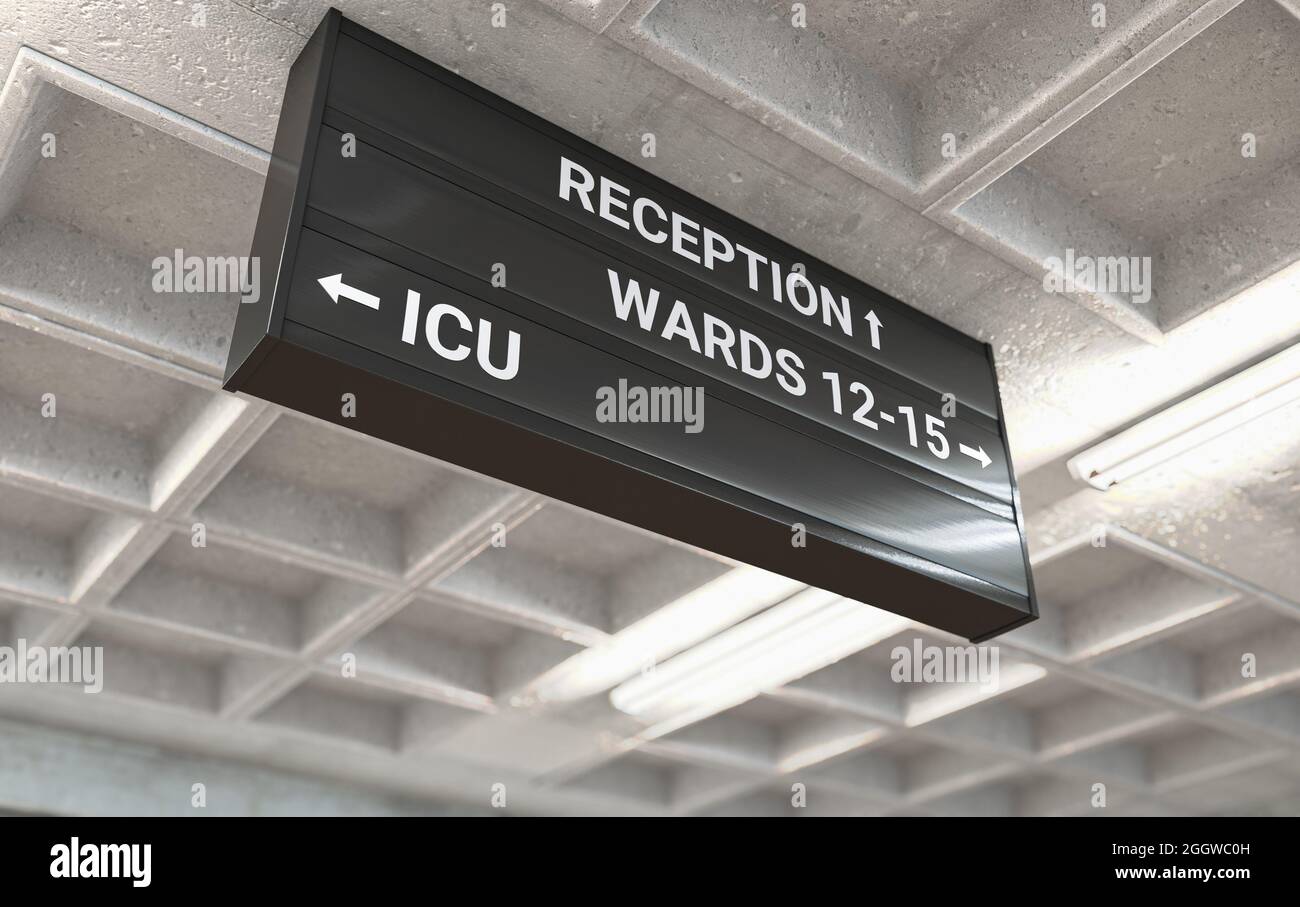 Ein Richtschild des Krankenhauses, das an einer Decke aus Gussbeton angebracht ist und den Weg zur Intensivstation markiert - 3D-Rendering Stockfoto