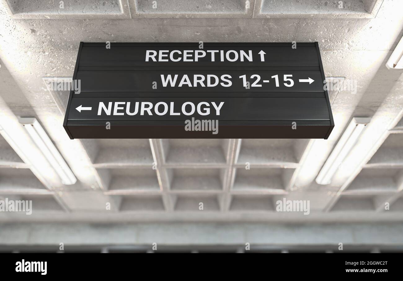 Ein Krankenhaus-Richtschild, das an einer Betongussdecke angebracht ist und den Weg zur neurologischen Station markiert - 3D-Rendering Stockfoto