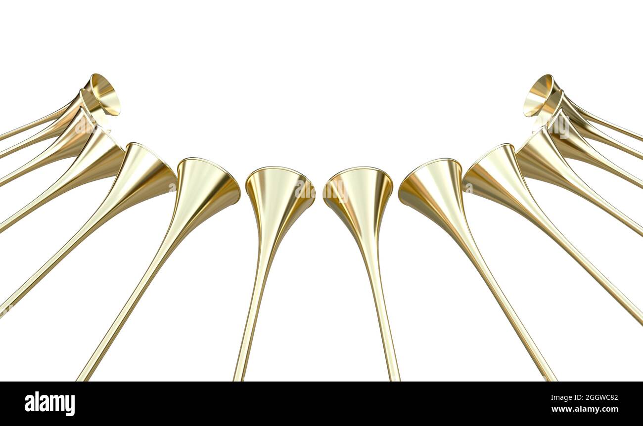 Eine Gruppe von goldenen mittelalterlichen Trompeten in einem kreisförmigen Bogen, die auf einem isolierten weißen Hintergrund einen besonderen Anlass verkünden - 3D-Rendering Stockfoto