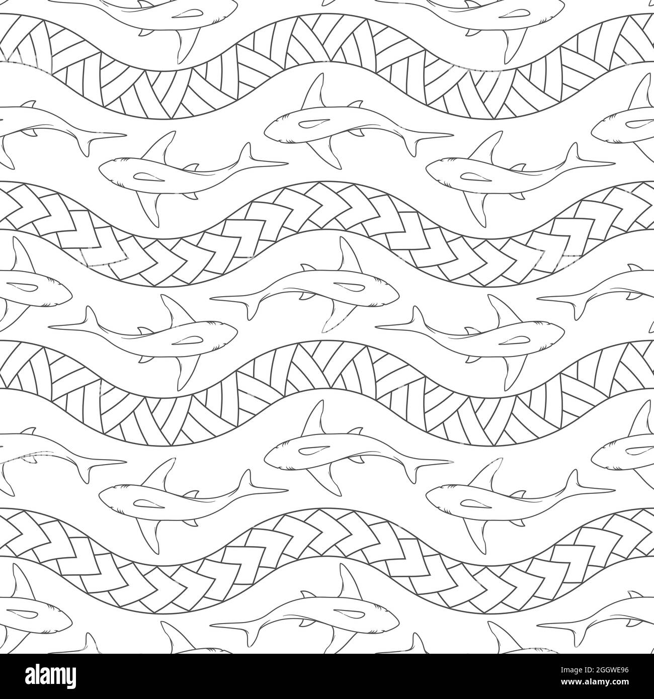 Nahtloses Muster mit Haien und polynesischen Symbolen. Vektorgrafik. Stock Vektor