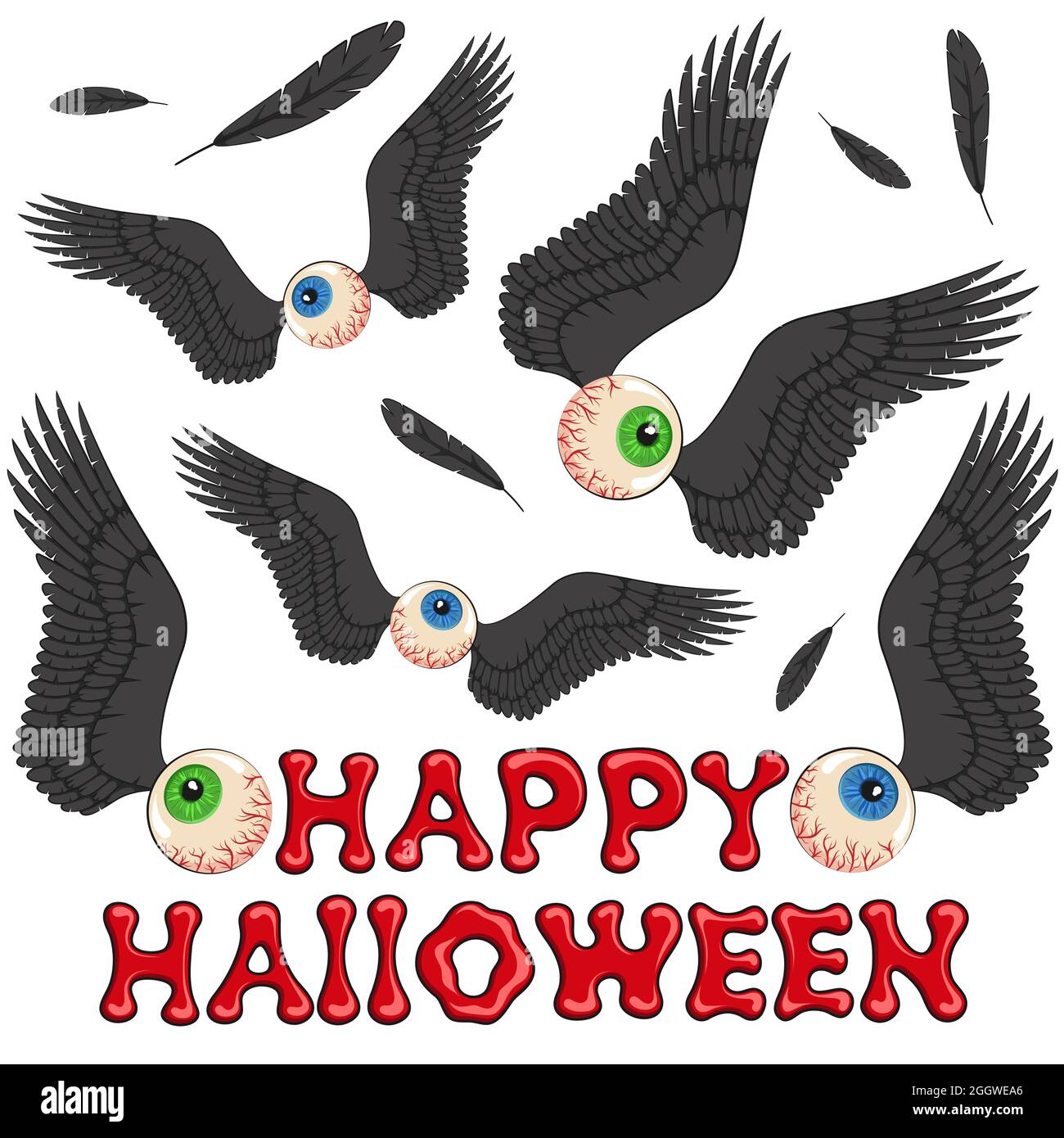 Happy Halloween, Hintergrund mit Augen und Flügeln. Farbige Vektor isolierte Objekte auf Weiß. Stock Vektor