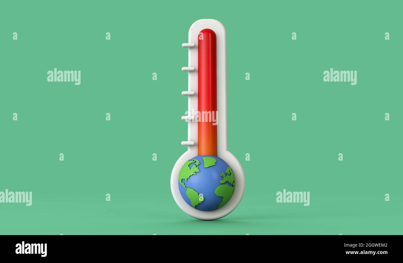 Konzept des Klimawandels. Thermometer mit steigender Erdtemperatur. 3D-Rendering. Stockfoto