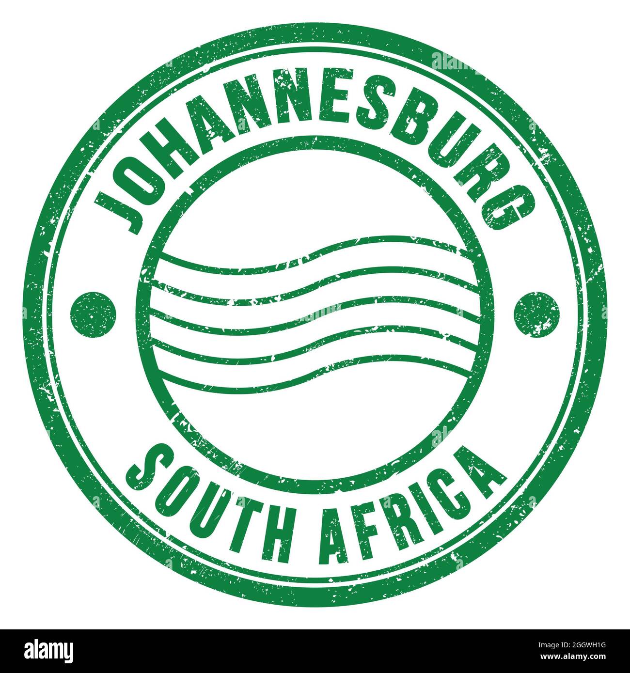 JOHANNESBURG - SÜDAFRIKA, Worte auf grüner runder Briefmarke geschrieben Stockfoto