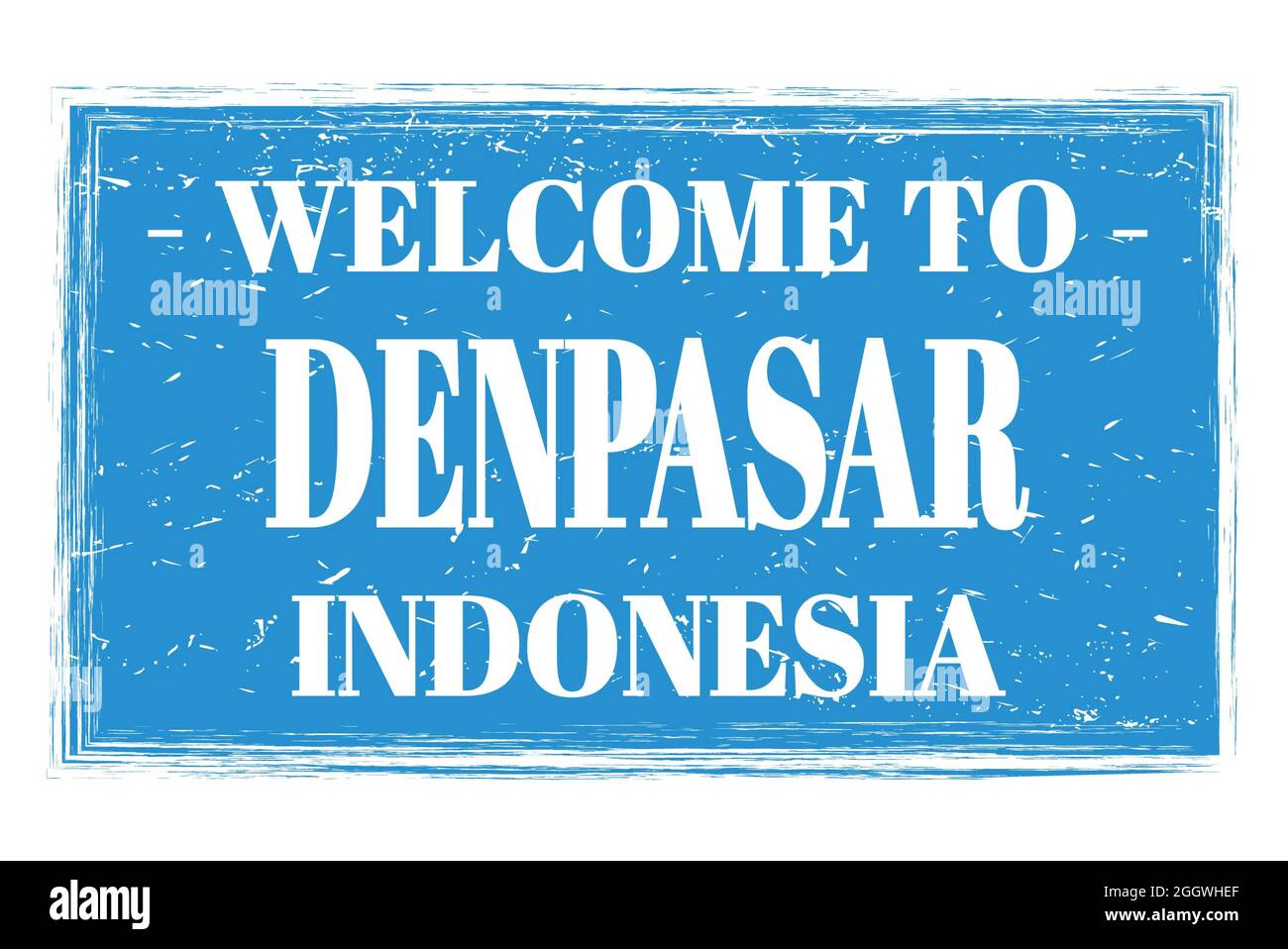WILLKOMMEN IN DENPASAR - INDONESIEN, Wörter auf blauem Rechteck Post-Stempel geschrieben Stockfoto