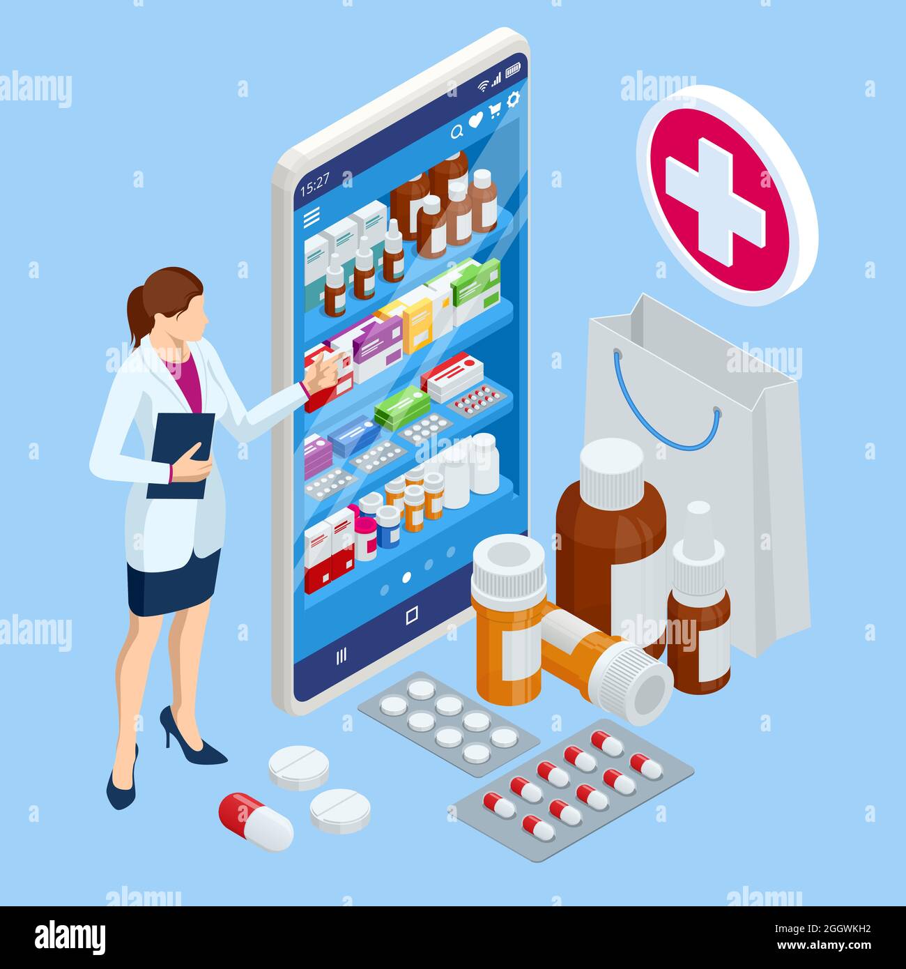 Isomtric kaufen Medikamente und Medikamente online. Healthcare Online-Apotheke  App. Konzept Online-Drogeriemarkt Stock-Vektorgrafik - Alamy