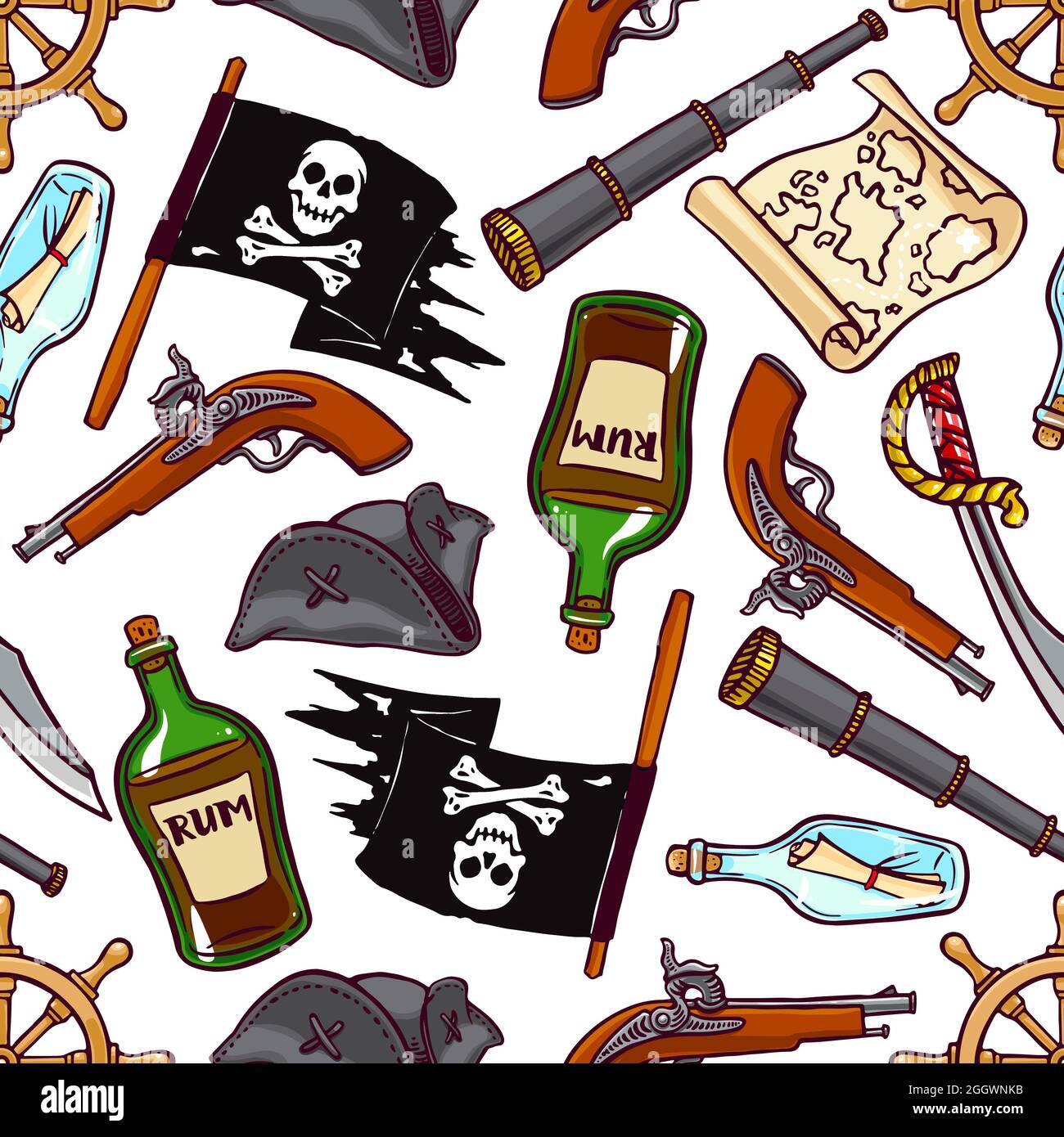 Niedliche nahtlose Hintergrund von Raubkopien Attribute. Handgezeichnete Illustration Stock Vektor