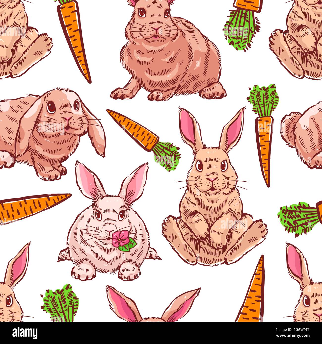 Niedliche nahtlose Hintergrund von Kaninchen und Karotten. Handgezeichnete Illustration Stock Vektor