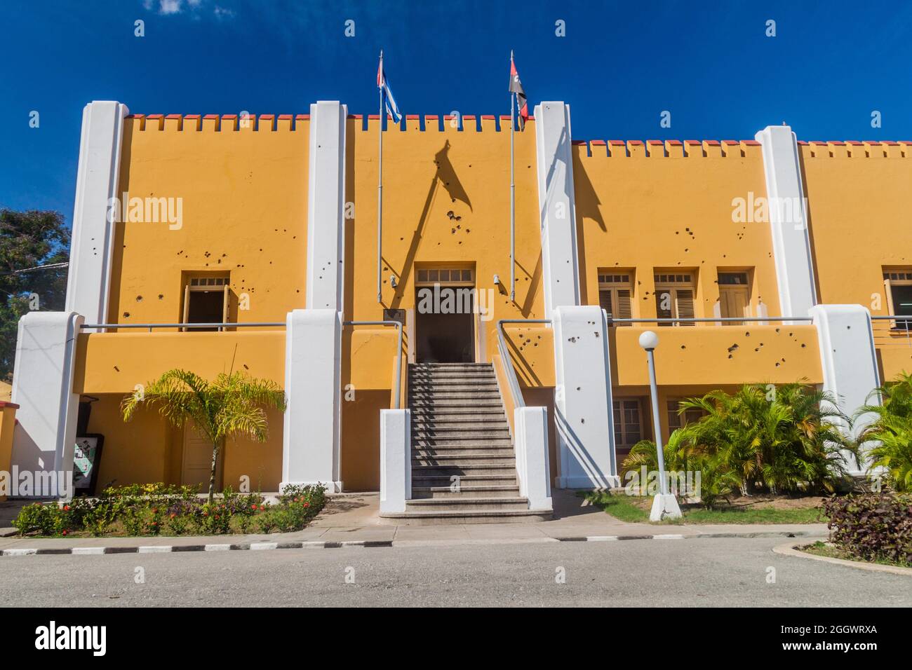 Einschusslöcher auf den ehemaligen Baracken von La Moncada, einem wichtigen Ort der kubanischen Geschichte, Santiago de Cuba Stockfoto