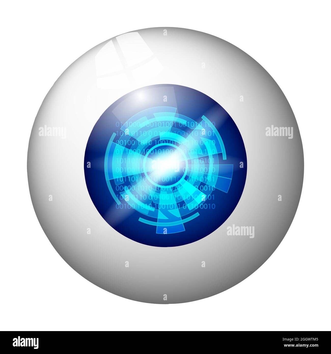 Digitales Auge auf Weiß isoliert. Zahlen mit Kreisen in einer blauen Pupille. Vektorgrafik. Stockfoto