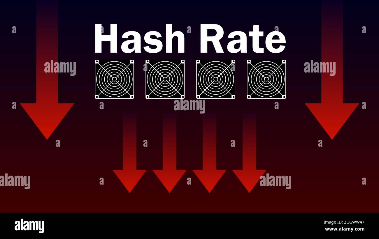 Hash-Rate fiel rot nach unten Pfeil. Die Bergbauleistung ist gesunken. Banner für Nachrichten. Vektorgrafik. Stockfoto
