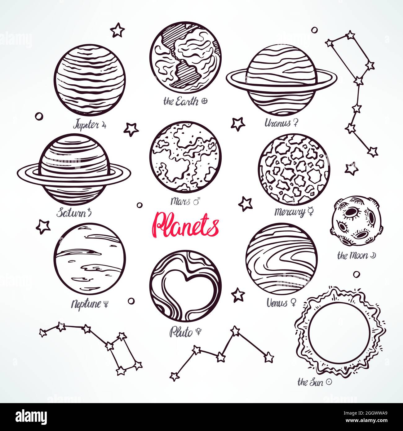Set mit den Planeten des Sonnensystems und den Konstellationen auf weißem Hintergrund. Handgezeichnete Illustration Stock Vektor
