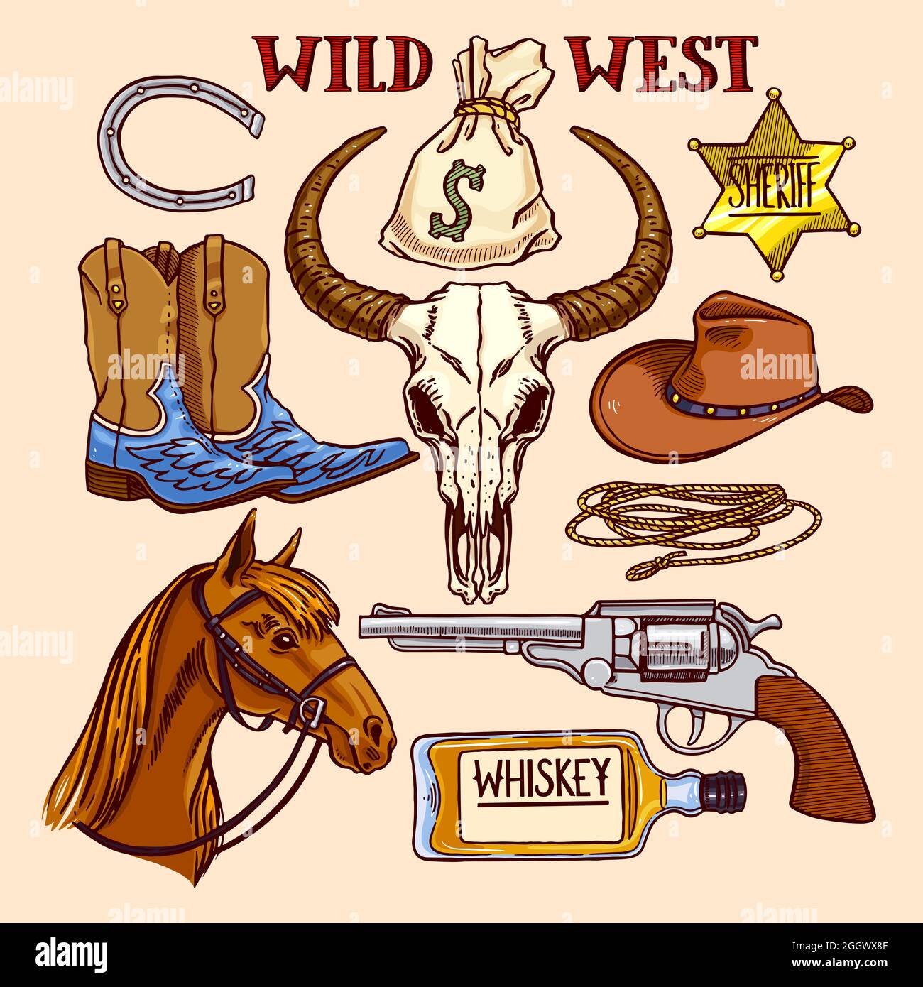 Set von niedlichen Coloful Cowboy Accessoires. Handgezeichnete Illustration  Stock-Vektorgrafik - Alamy