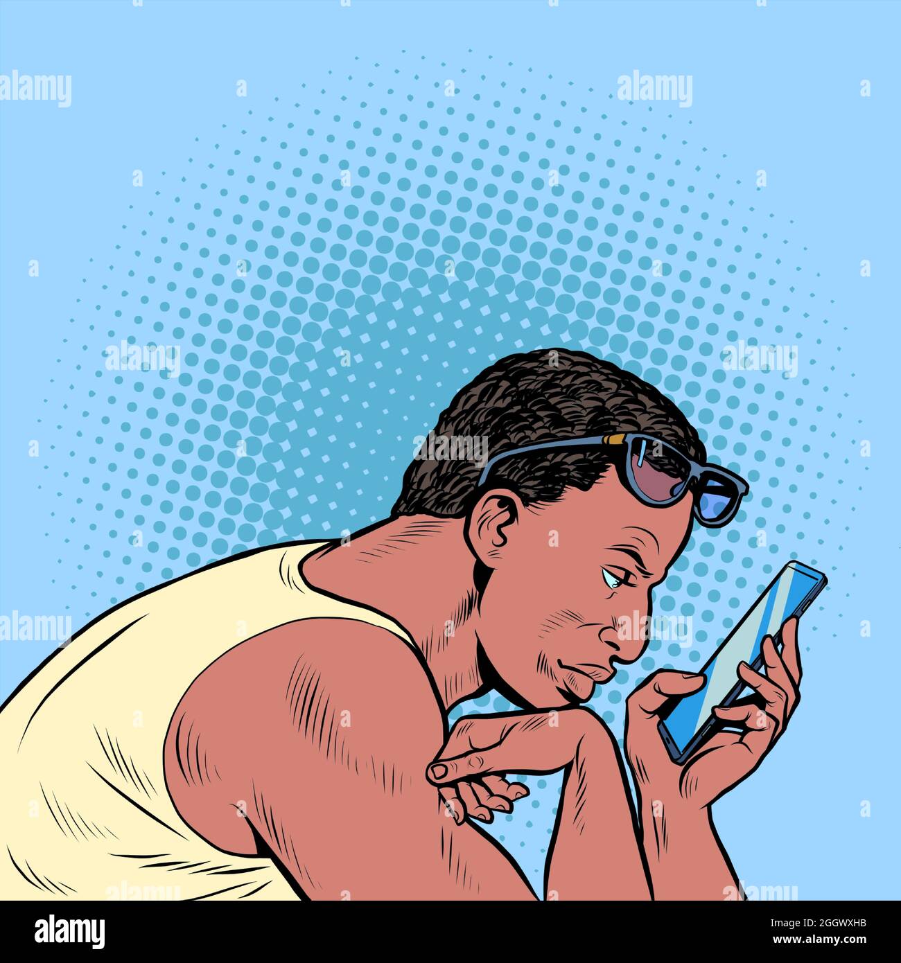 Ein schwarzer Mann surft morgens im Smartphone. Tägliche Routine für Geschäftsleute Stock Vektor