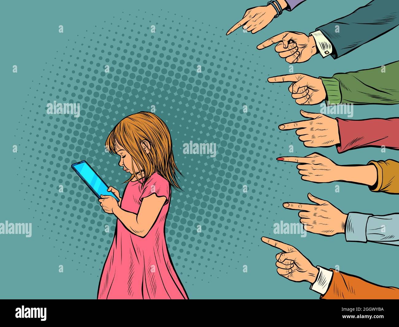 Ein kleines Mädchen nutzt ein Smartphone. Erwachsene diskutieren über die Leidenschaft junger Menschen. Generationenkonflikt Stock Vektor