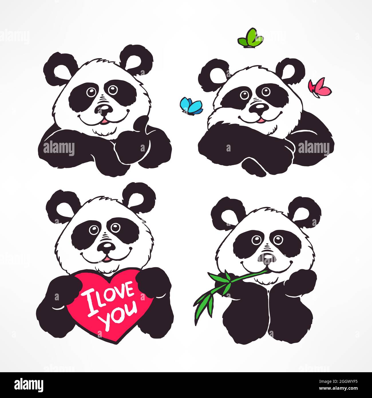 Set aus vier niedlichen lächelnden Pandas. Handgezeichnete Illustration Stock Vektor