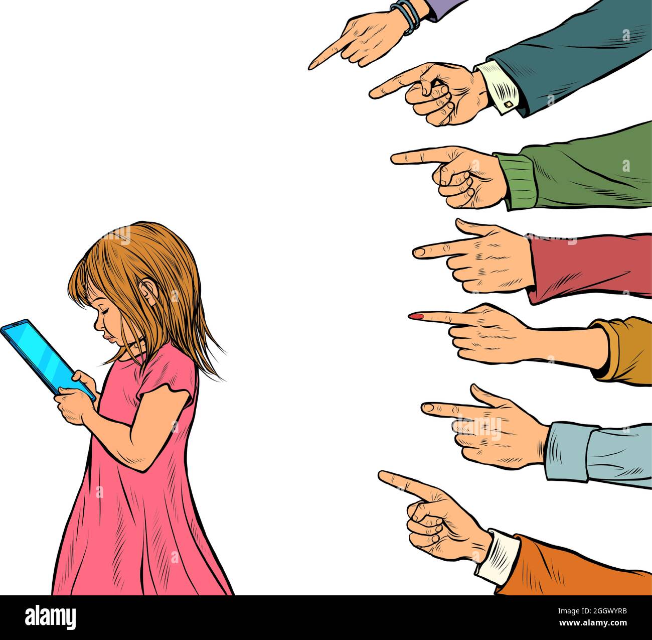 Ein kleines Mädchen nutzt ein Smartphone. Erwachsene diskutieren über die Leidenschaft junger Menschen. Generationskonflikt isoliert auf weißem Hintergrund Stock Vektor