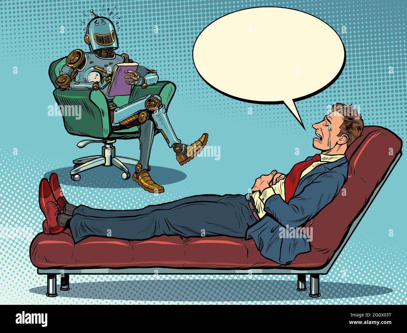 Ein Roboter-Psychotherapeut bei einer Psychotherapiesitzung mit einem Patienten, lacht und hört einem Geschäftsmann zu, sitzt auf einem Stuhl und macht Notizen in einem Notizbuch Stock Vektor