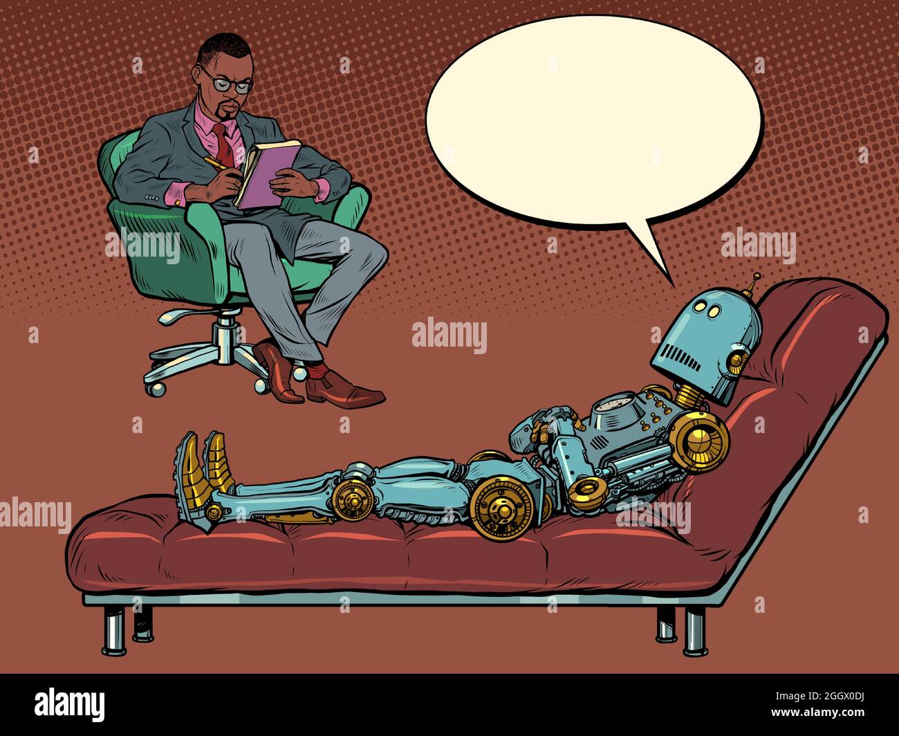 Ein schwarzer männlicher Psychotherapeut bei einer Psychotherapiesitzung, hört einem Roboterpatienten zu, sitzt auf einem Stuhl und macht Notizen in einem Notizbuch Stock Vektor