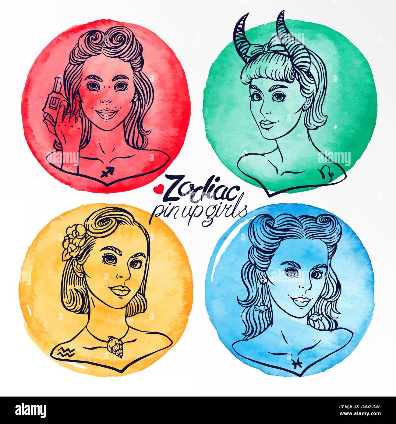 Set aus vier Tierkreiszeichen als Mädchen im Pin-up-Stil. Handgezeichnete Illustration Stock Vektor