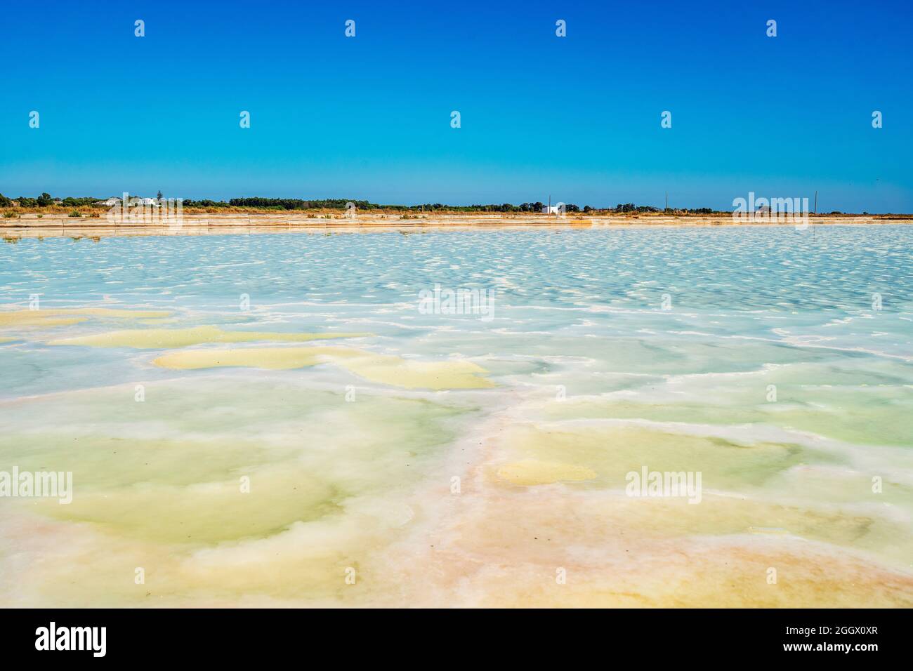 Flacher Teich mit Salzwasser, der zur Gewinnung von Salz aus dem Meer in salines in Faro, Algarve, Portugal, verwendet wird Stockfoto