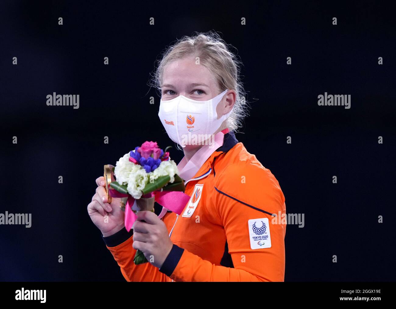 Diede de Groot, Niederländerin, feiert Gold das Gold-Einzel-Goldmedaillenspiel der Frauen im Ariake Tennis Park am 10. Tag der Paralympischen Spiele in Tokio 2020 in Japan. Bilddatum: Freitag, 3. September 2021. Stockfoto