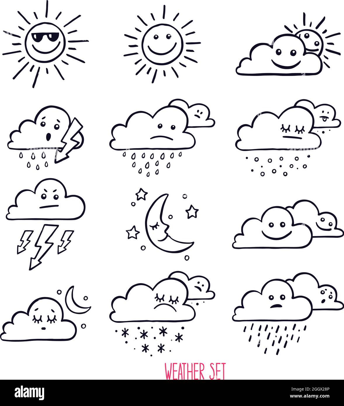 Set von niedlichen Wetter-Symbole. Handgezeichnete Illustration Stock Vektor