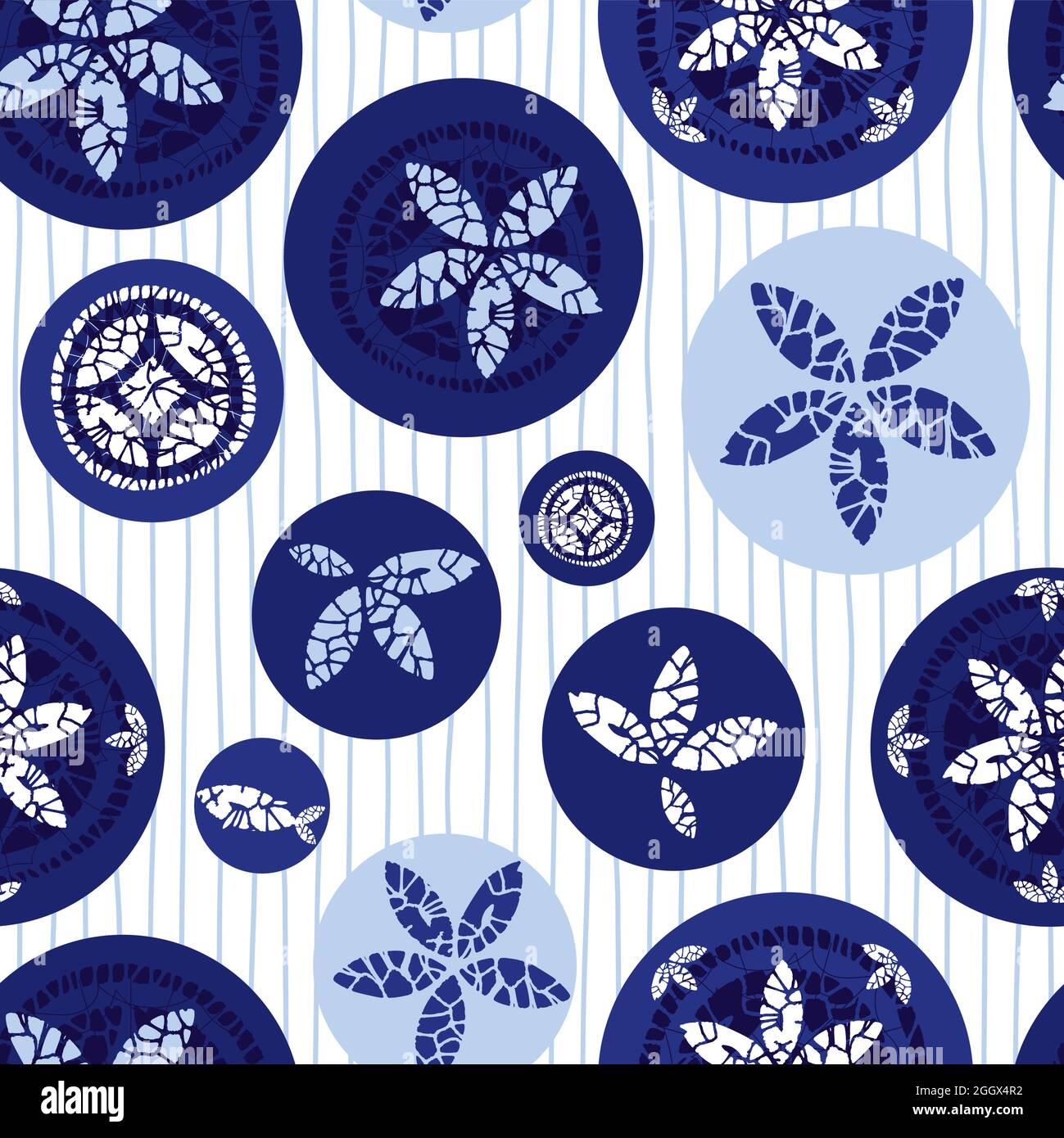 Vektor weißen Shibori Quilt abstrakte Blume mit Kreisen nahtlose Muster mit Streifen Hintergrund. Geeignet für Textilien, Geschenkpapier und Tapeten. Stock Vektor
