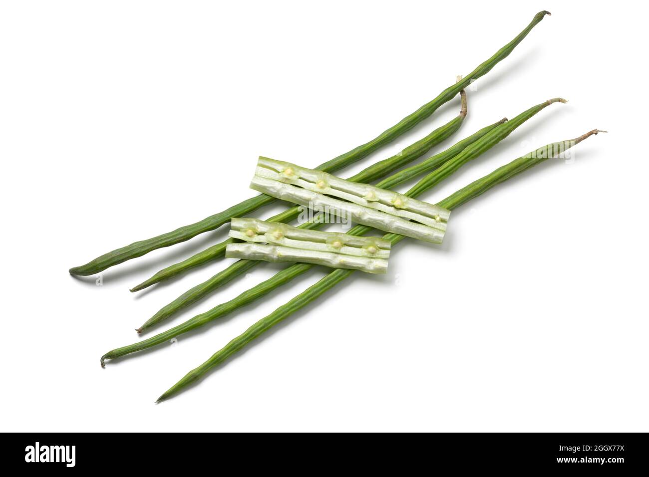Frische rohe grüne ganze Moringa-Bohnen und Stecklinge mit Samen isoliert auf weißem Hintergrund Stockfoto