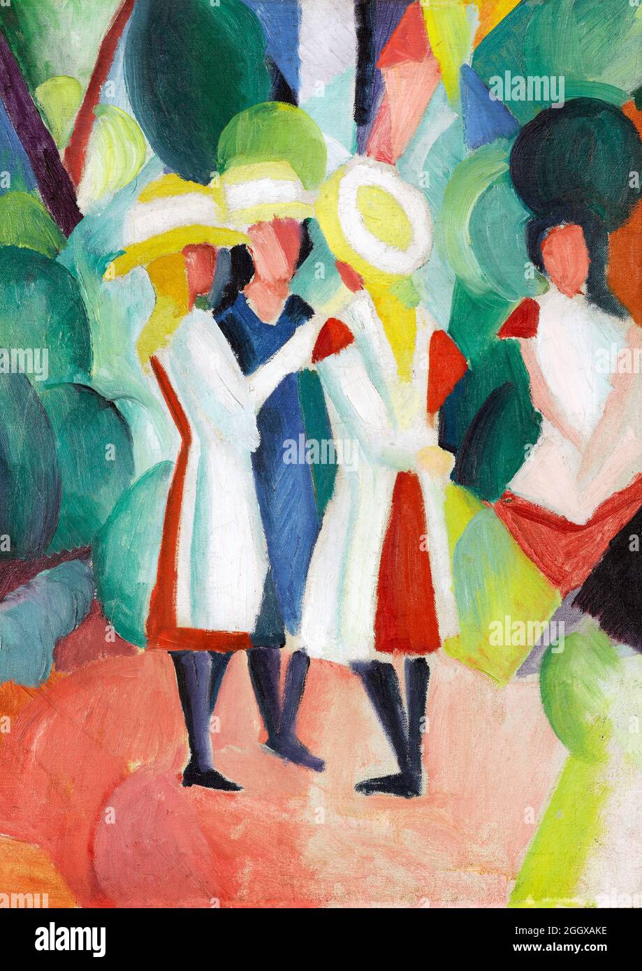 August Macke. Gemälde mit dem Titel „drei Mädchen in gelben Strohhhhhalzen I“ des deutschen expressionistischen Malers August Macke (1887-1914), Öl auf Leinwand, 1913 Stockfoto