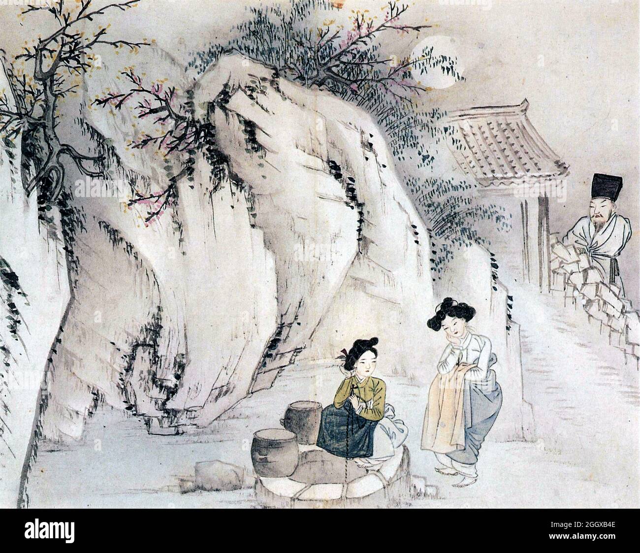 Nächtliche Unterhaltung an einem Brunnen der koreanischen Künstlerin Sin Yun-bok (1758–1813), Farbe auf Papier Stockfoto