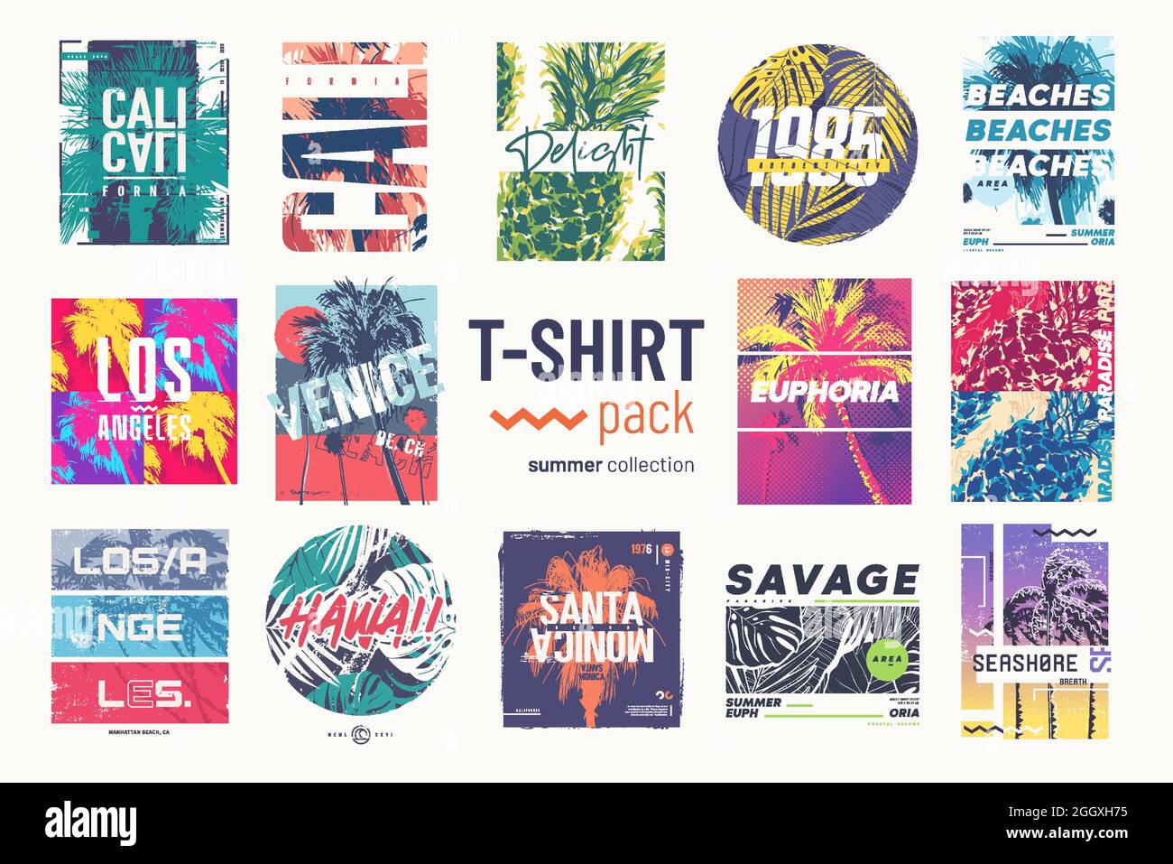 Kollektion von vierzehn bunten Vektor-T-Shirt-Sommerdesigns, Prints, Illustrationen Stock Vektor